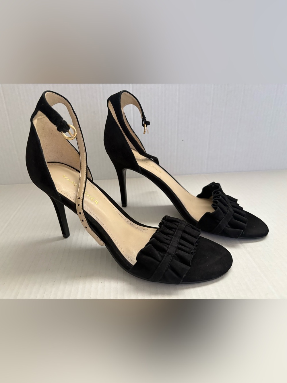 Marc Fisher Black Ruffle Open-Toe Ankle Strap Heels size 8M and 3.5 inch heels.
